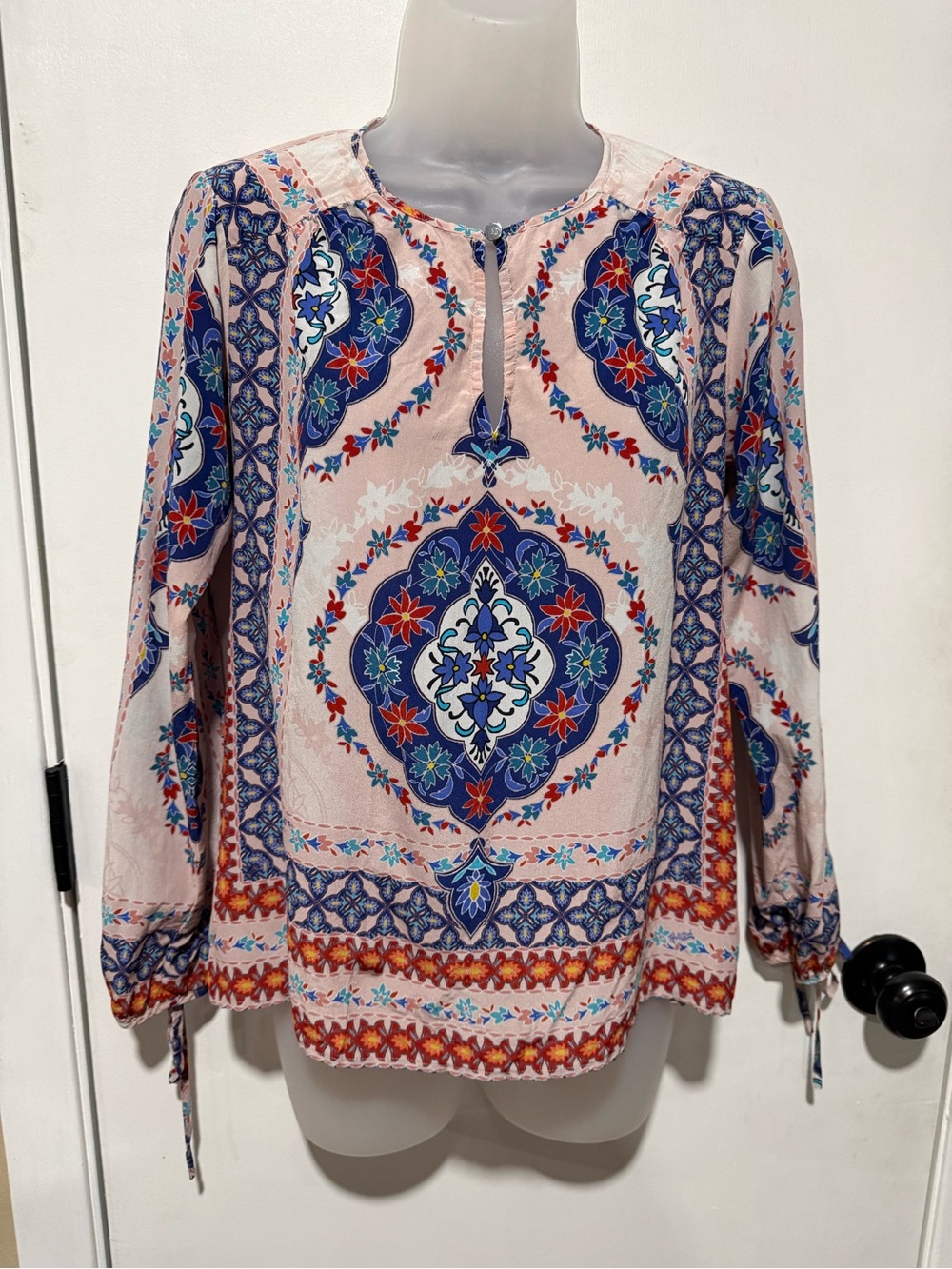 Hale Bob Pink Printed Peasant Blouse with Blue Medallion Accents-#1461